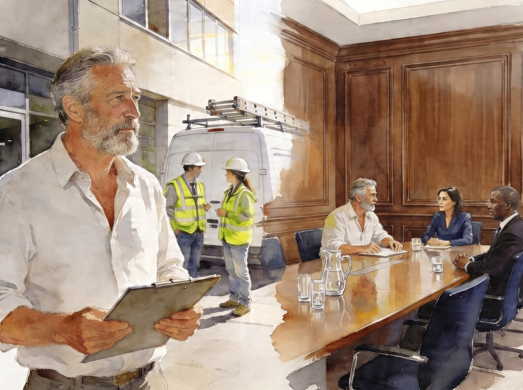 Trade professional transitioning from worksite to boardroom, representing the M&A journey